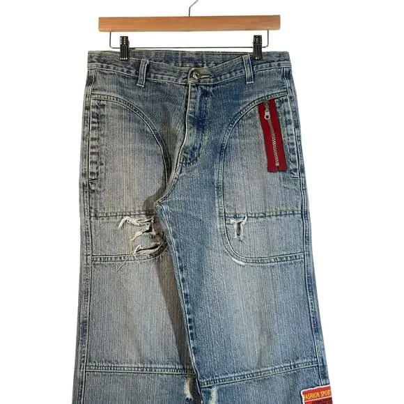 Y2K Small Gang Embroidered Wide Leg Denim Jeans 30x30